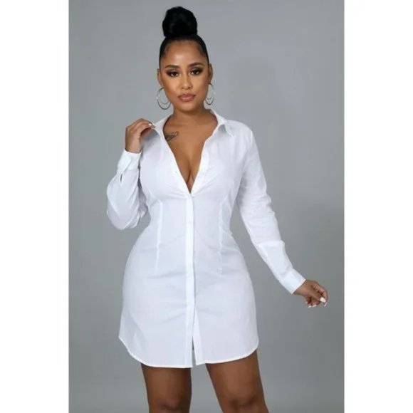 White Long Sleeve Mini Shirt Dress with Black Faux Leather Corset Belt - Picture 4 of 14